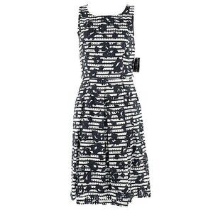 RN Studio 6 Navy White Floral Horizontal Pleated Lined Dress